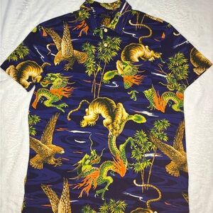 Polo by Ralph Lauren Purple Polo Shirt with Green, Gold & Orange Dragon Print